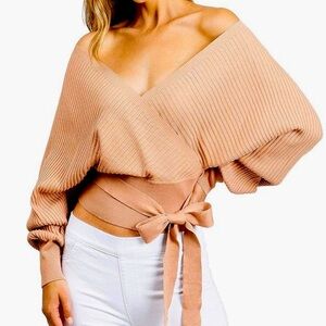 Love Tree Juniors Ribbed Long Sleeve Surplice sweater, in clay, size Small